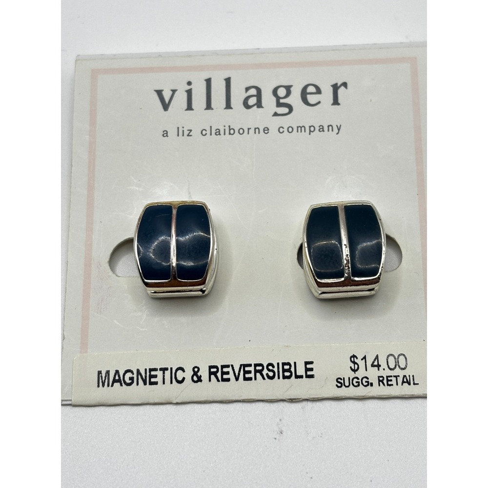 Villager Magnetic Earrings Womens OS Black Silver Reversible Liz Claiborne NWT‎